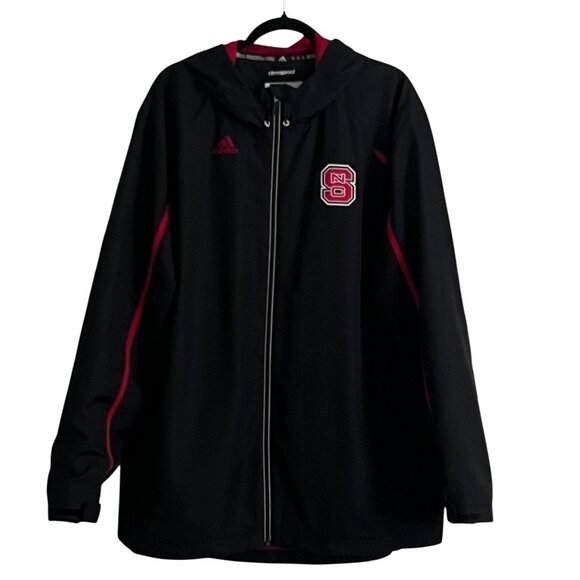 Adidas ClimaProof NC State University Zip Windbreaker Jacket XL Hood Black Red - Picture 2 of 14